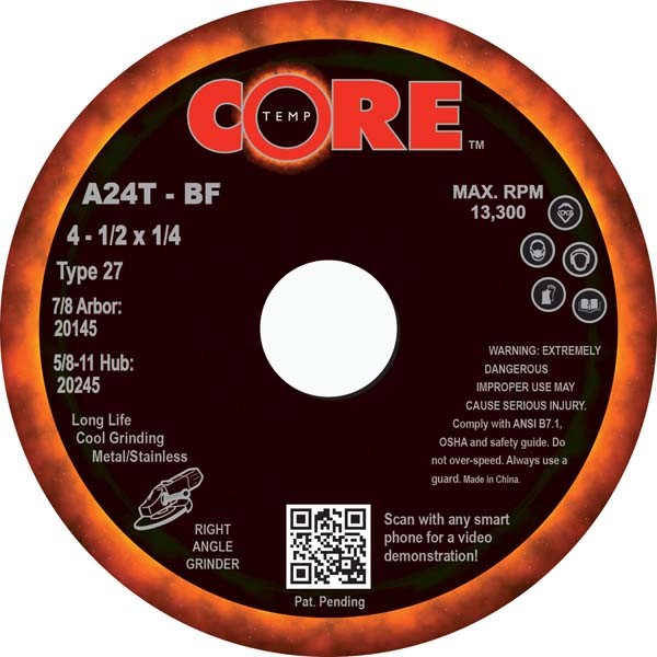 Coretemp Abrasives 20145 A24T 4-1/2 in 1/4 in 7/8 in Aluminum Oxide Grinding Wheel