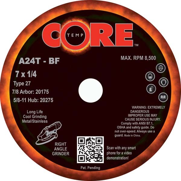 Coretemp Abrasives 20175 A24T 7 in 1/4 in 7/8 in Aluminum Oxide Grinding Wheel